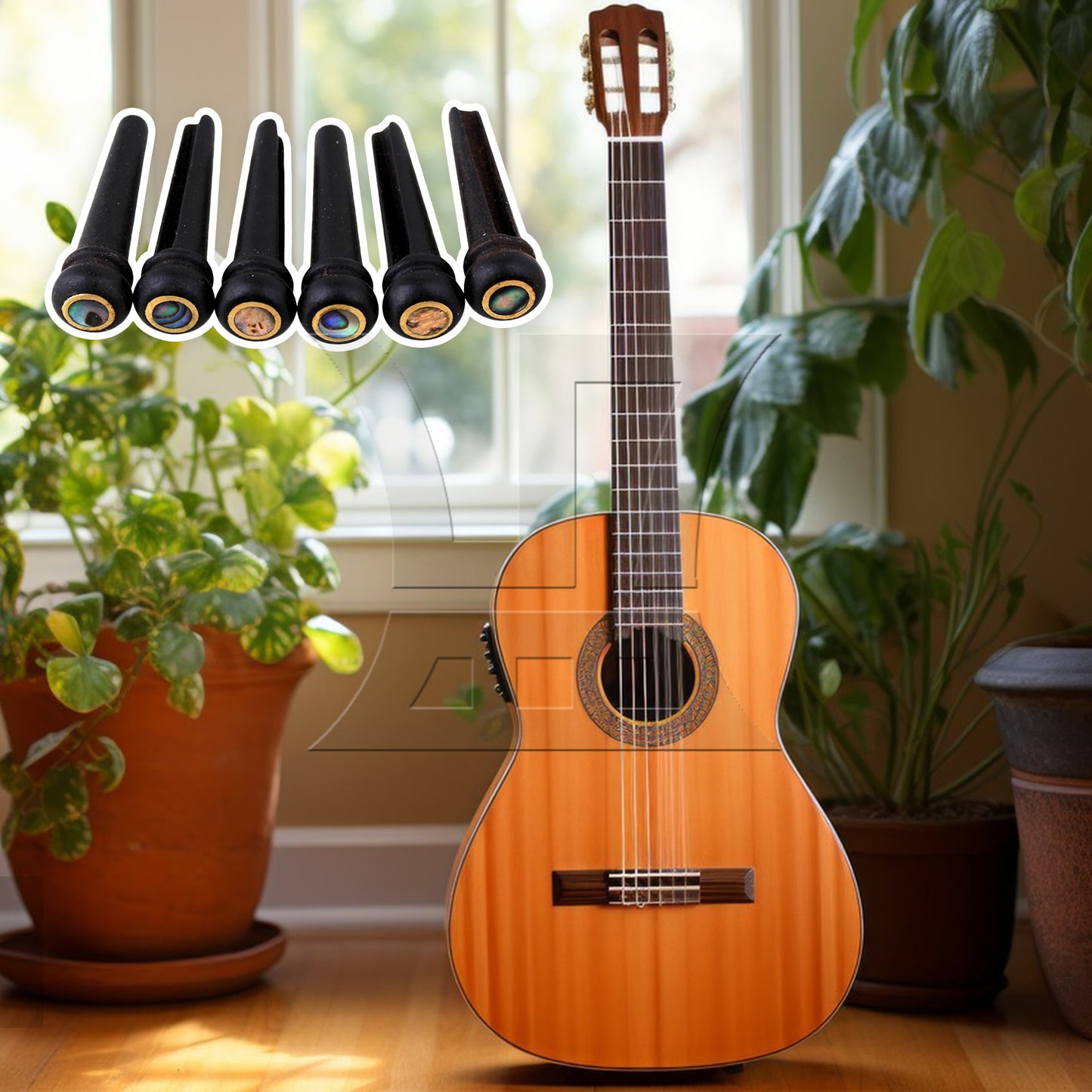 6 Acoustic Guitar Ebony Bridge Pins With Abalone Dot and Brass Circle skirt