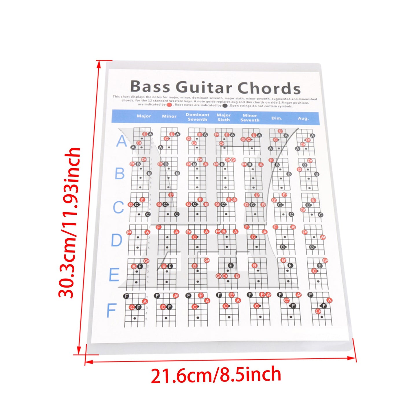Small Size 4 String Bass Instructional Poster for Bass Guitar Beginner White