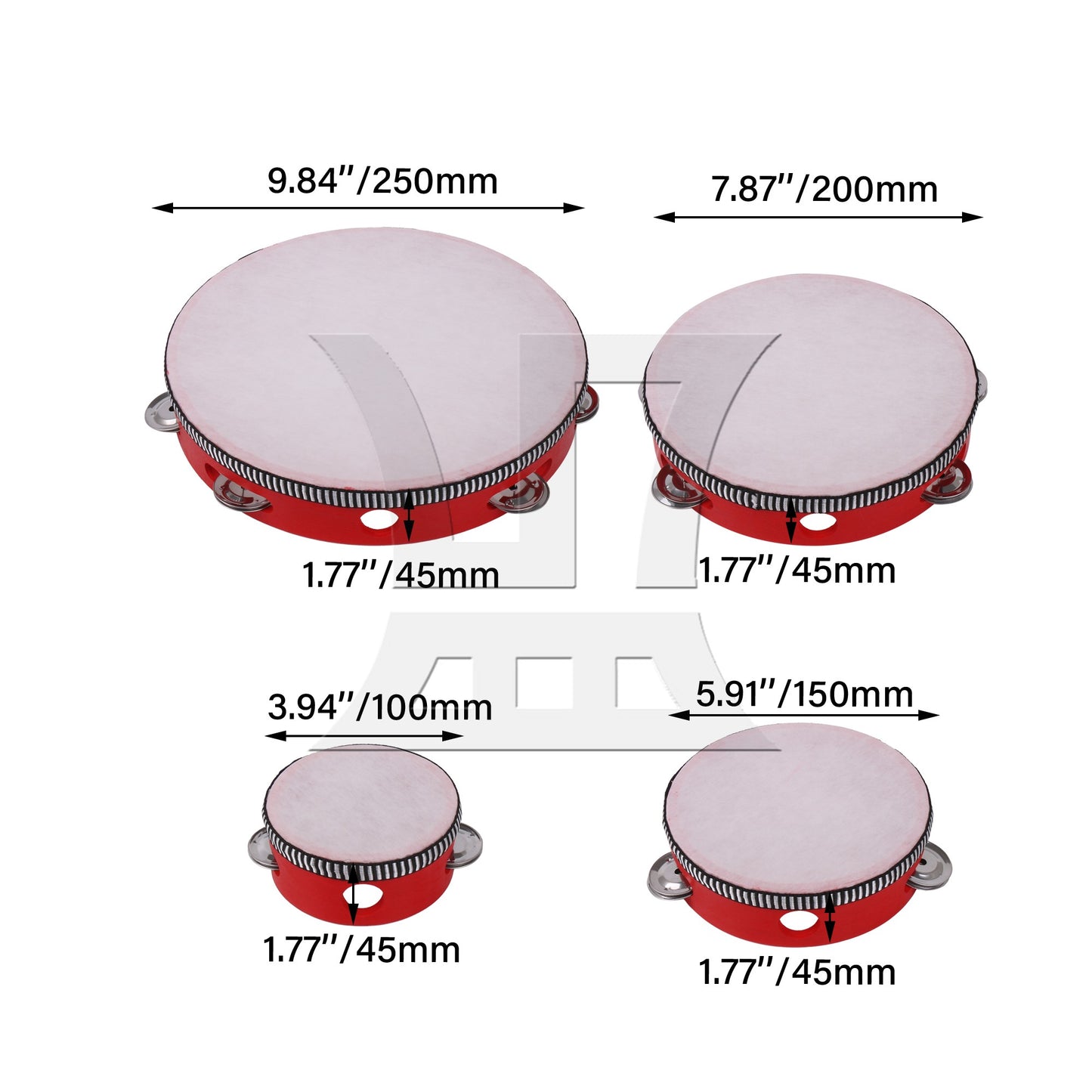 4 Pieces Wooden Handheld Jingle Bells Drum 4" 6" 8" 10" Kit for Percussion Red