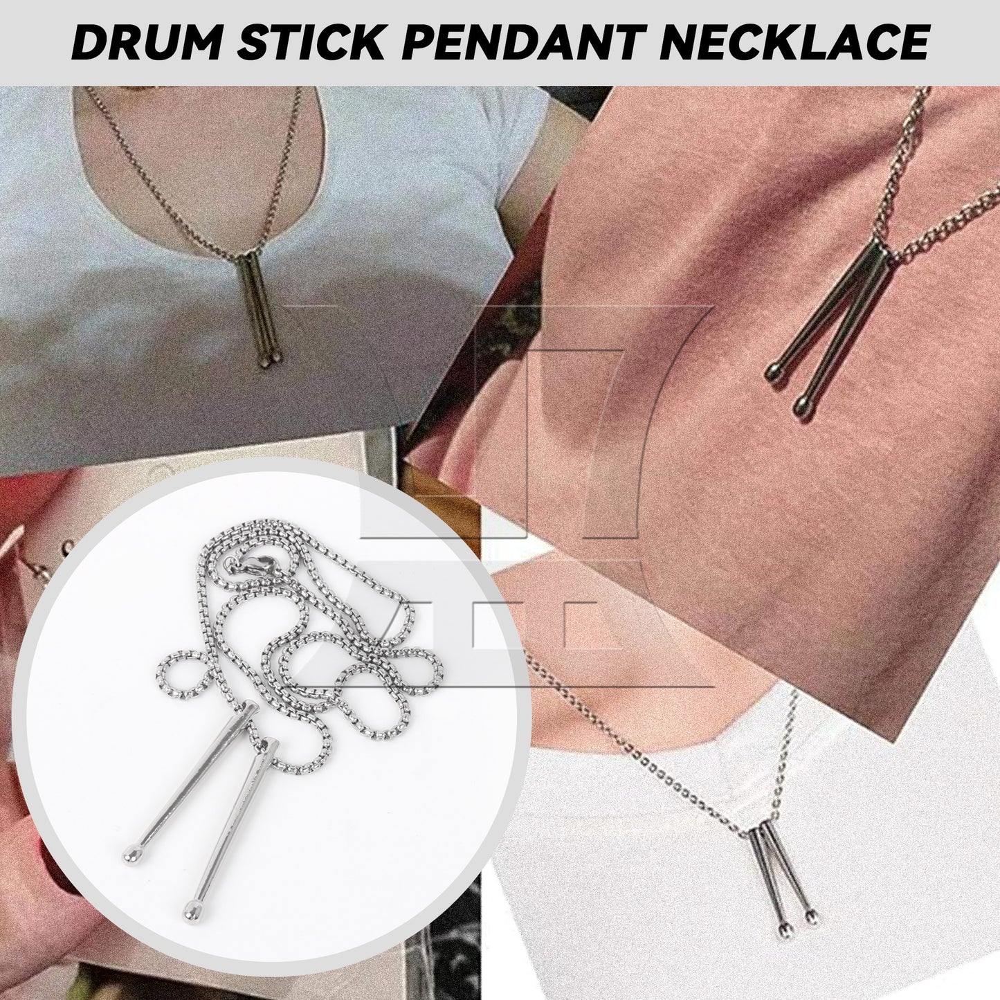 Stainless Steel Drum Stick Necklace for Men Women Music Jewelry Gift Silver