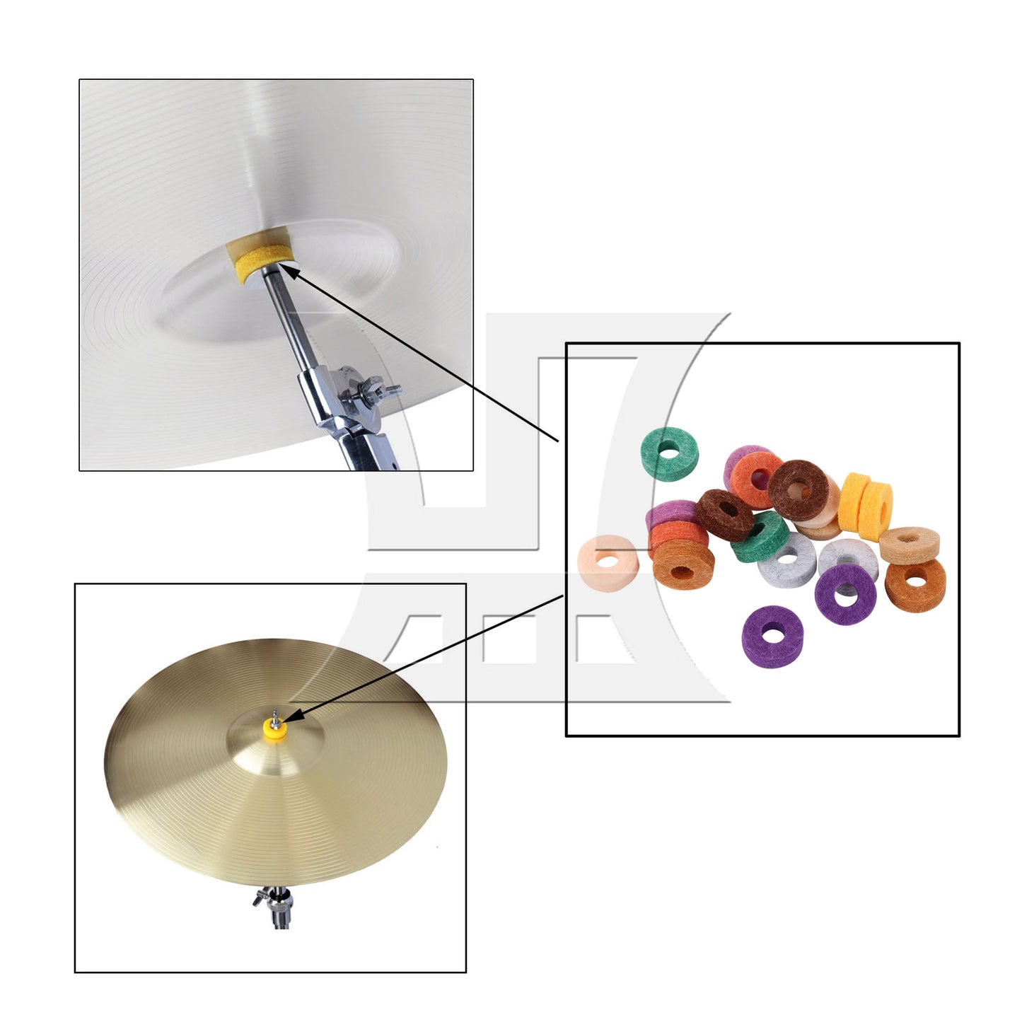 20Pieces Cymbal Felts Hi-Hat Clutch Felt 25mm OD x 10mm ID x 8mm T Multicolor