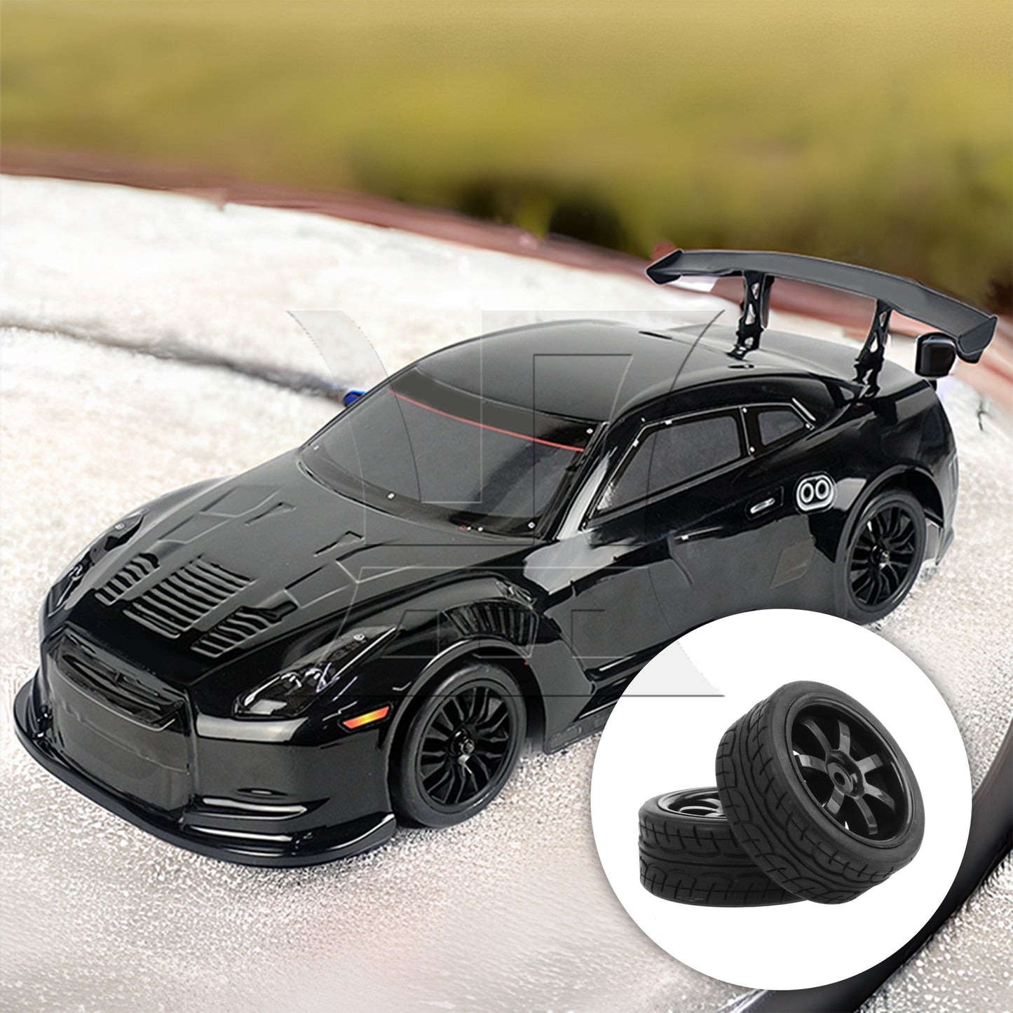 BQLZR 4 Pieces RC 1:10 Rubber Tyre and Plastic 7-Spoke Wheel Rim for On Road Black
