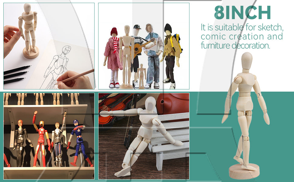 BQLZR Wooden Human Mannequin 8 Inch Manikin Sketch Model Art/ARTIST Unisex Model