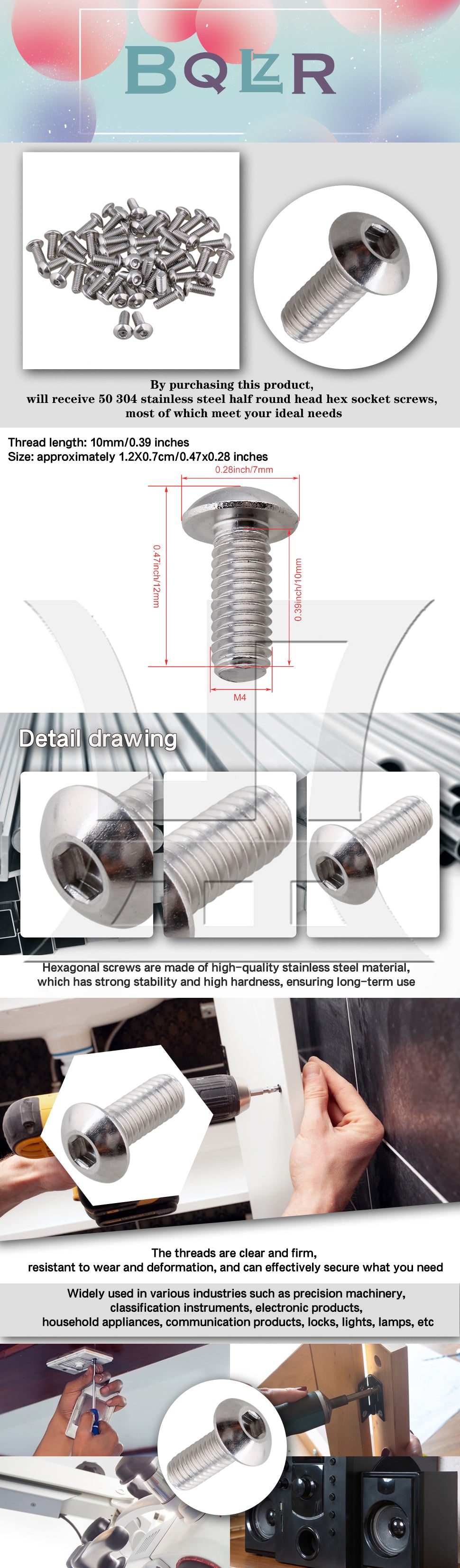 BQLZR Stainless Steel M4 Metric Hex Socket Cap Screws Bolts 10mm Thread Pack Of 50