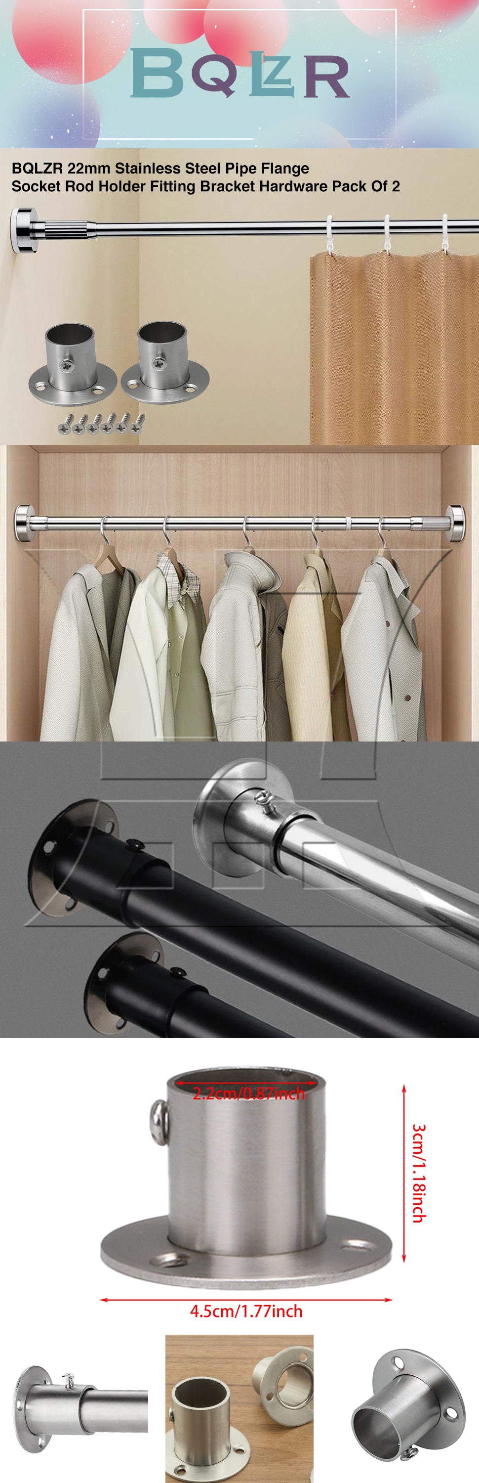 BQLZR 22mm Stainless Steel Pipe Flange Socket Rod Holder Fitting Bracket Hardware