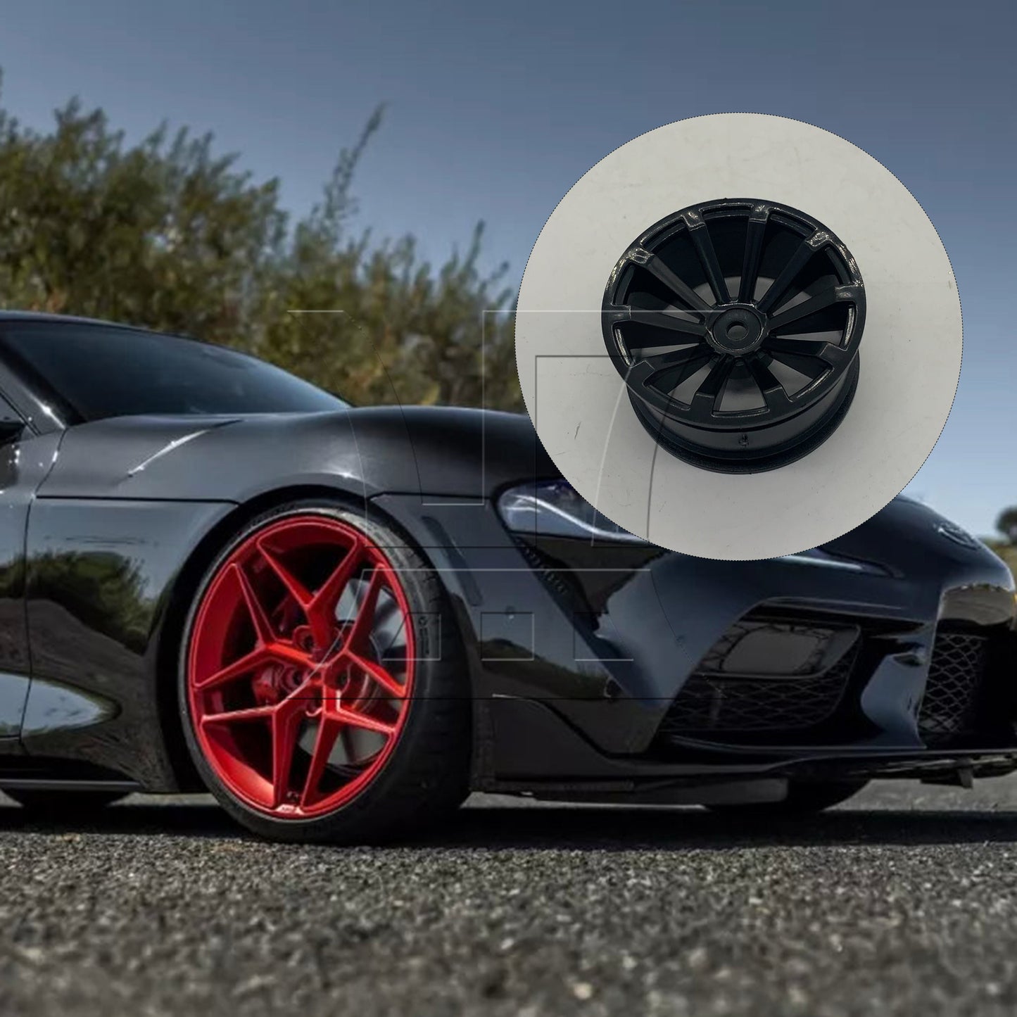 BQLZR RC1:10 On Road Car Plastic 10-Spoke Wheel Rim Fish Pattern Rubber Tyre Black