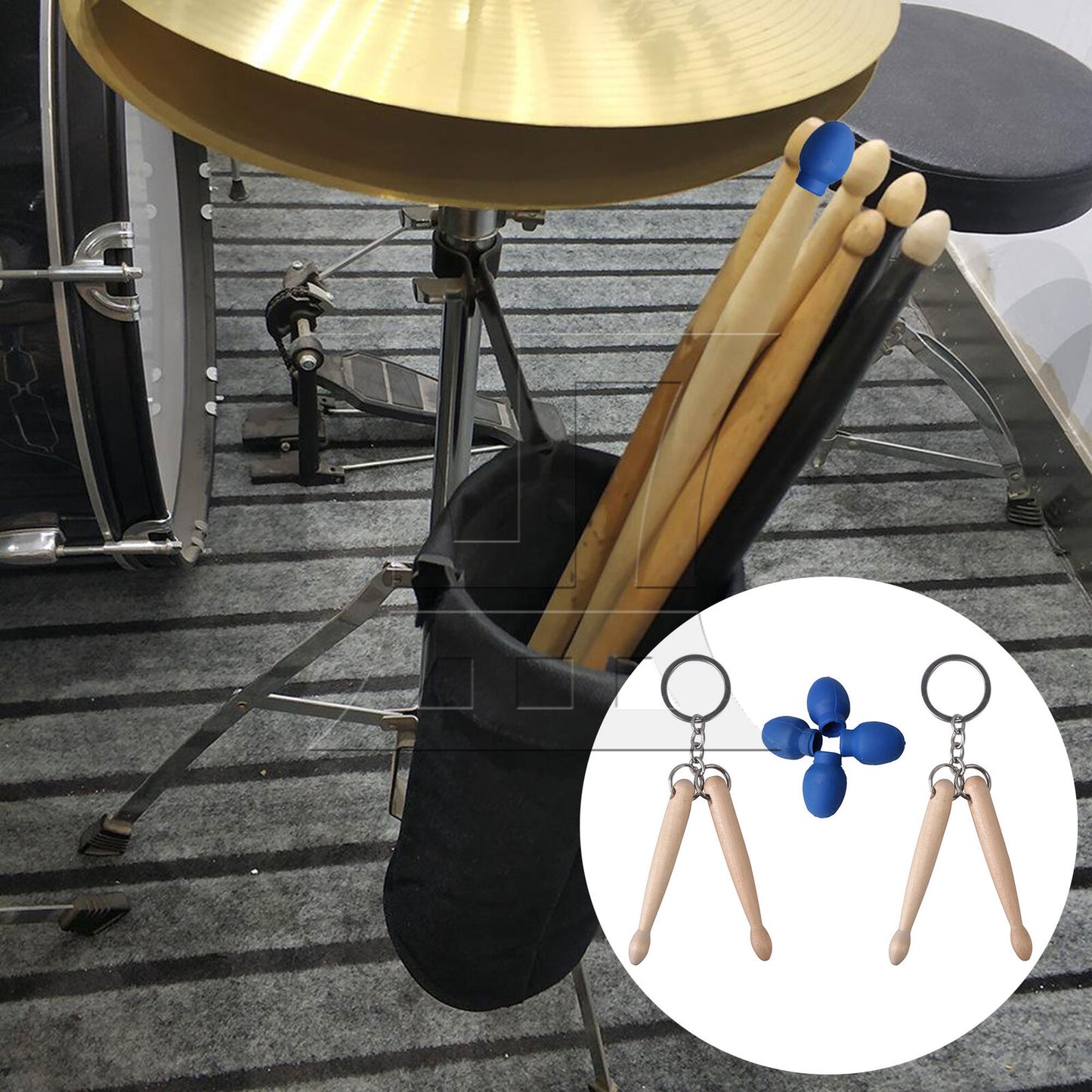 BQLZR 2 x Practice Set Wood Drum Stick Keychain w/ Rubber Mute Drumstick Silent End