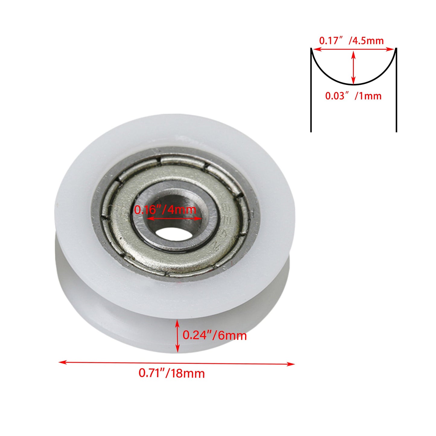 BQLZR 18mm Dia 6mm Width White Plastic Bearing Steel Sealed U-Groove Bearing for Slide Gate and Window Max-load 27kg Pack of 2