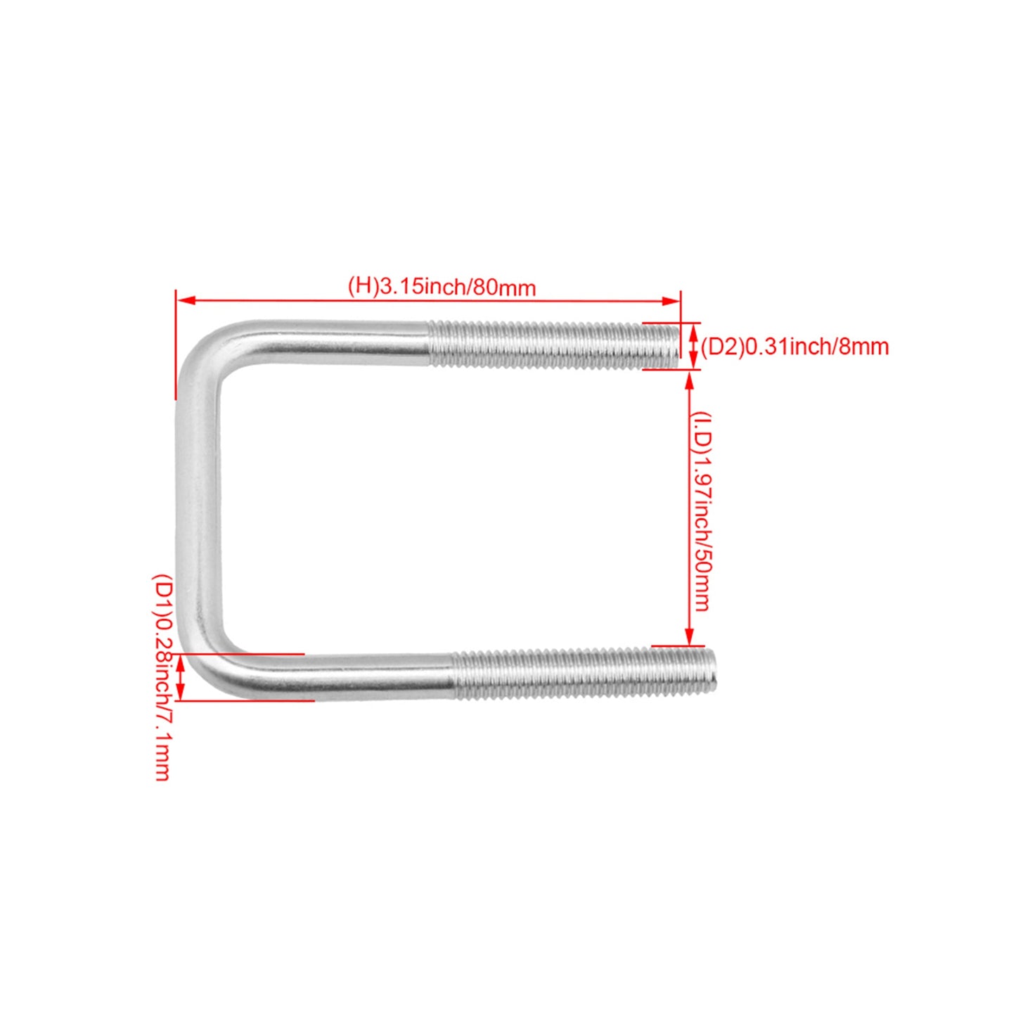 BQLZR 304 Stainless Steel Square U-Shaped Bolts M8x50x80mm Fixed Axles Parts Slive