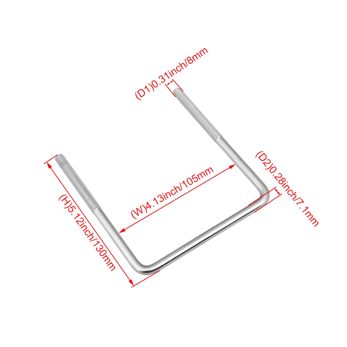 BQLZR 304 Stainless Steel Square U-Shaped Bolt M8x105x130mm Fixed Axle Parts Sliver