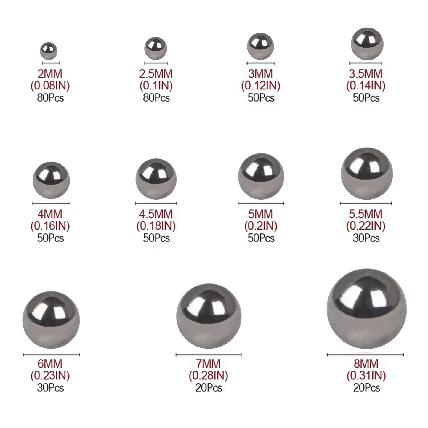 BQLZR 304 Stainless Steel Bearing Ball 0.08inch-0.31inch Dia with Storage Box Pack of 510