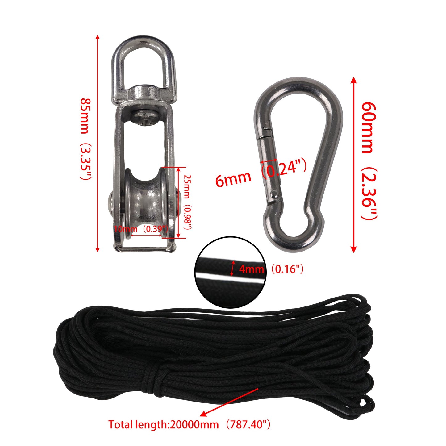 BQLZR Stainless Steel Swivel Pulley Blocks M25 with Nylon Rope & Snap Hook Pack of 5