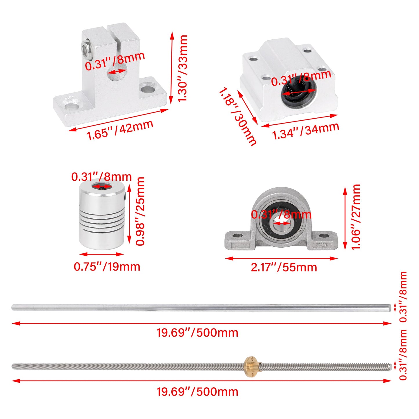 BQLZR Lead Screw Linear Rail Optical Axis 500x8mm Kit w/ Mount Support SK8 Pack of 15