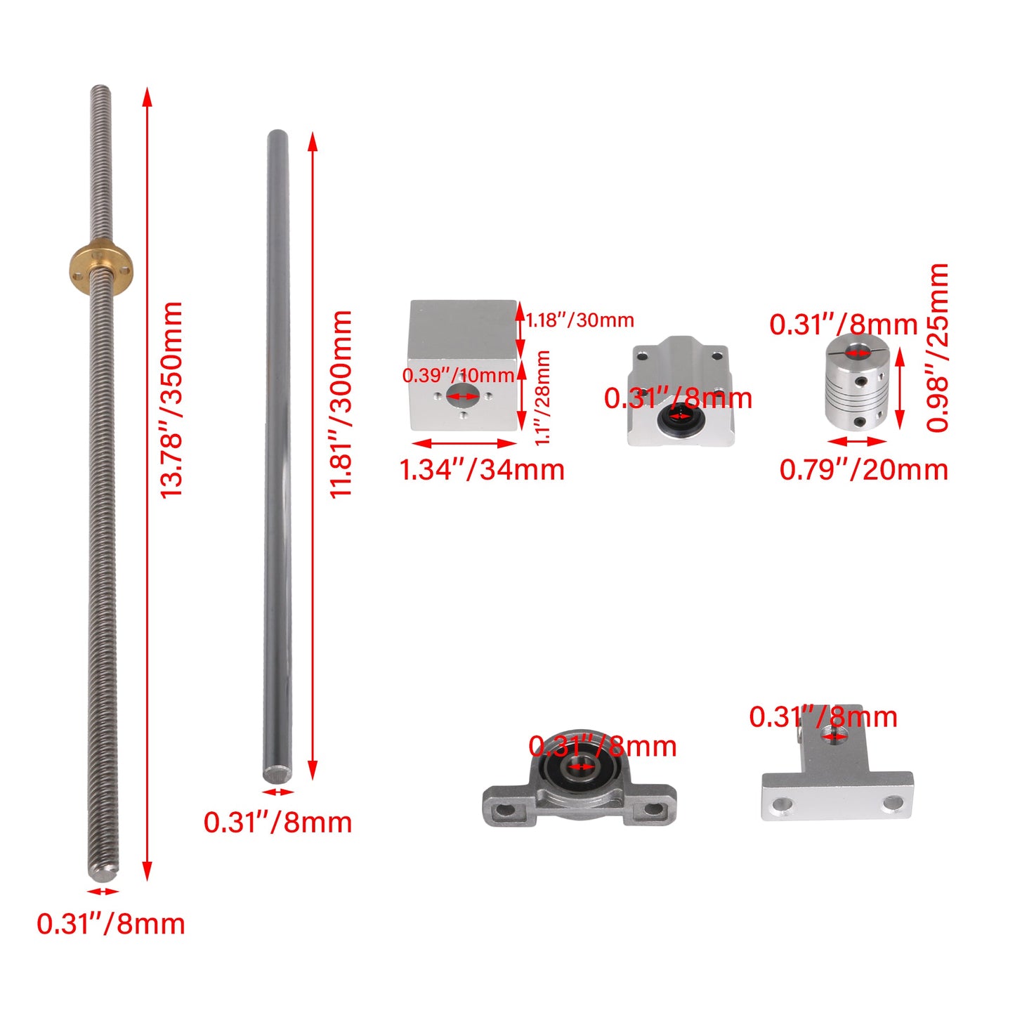 BQLZR T8 Horizontal Dual Rail Linear 300mm Optical Axis & 350mm 8mm Screw Coupler Set