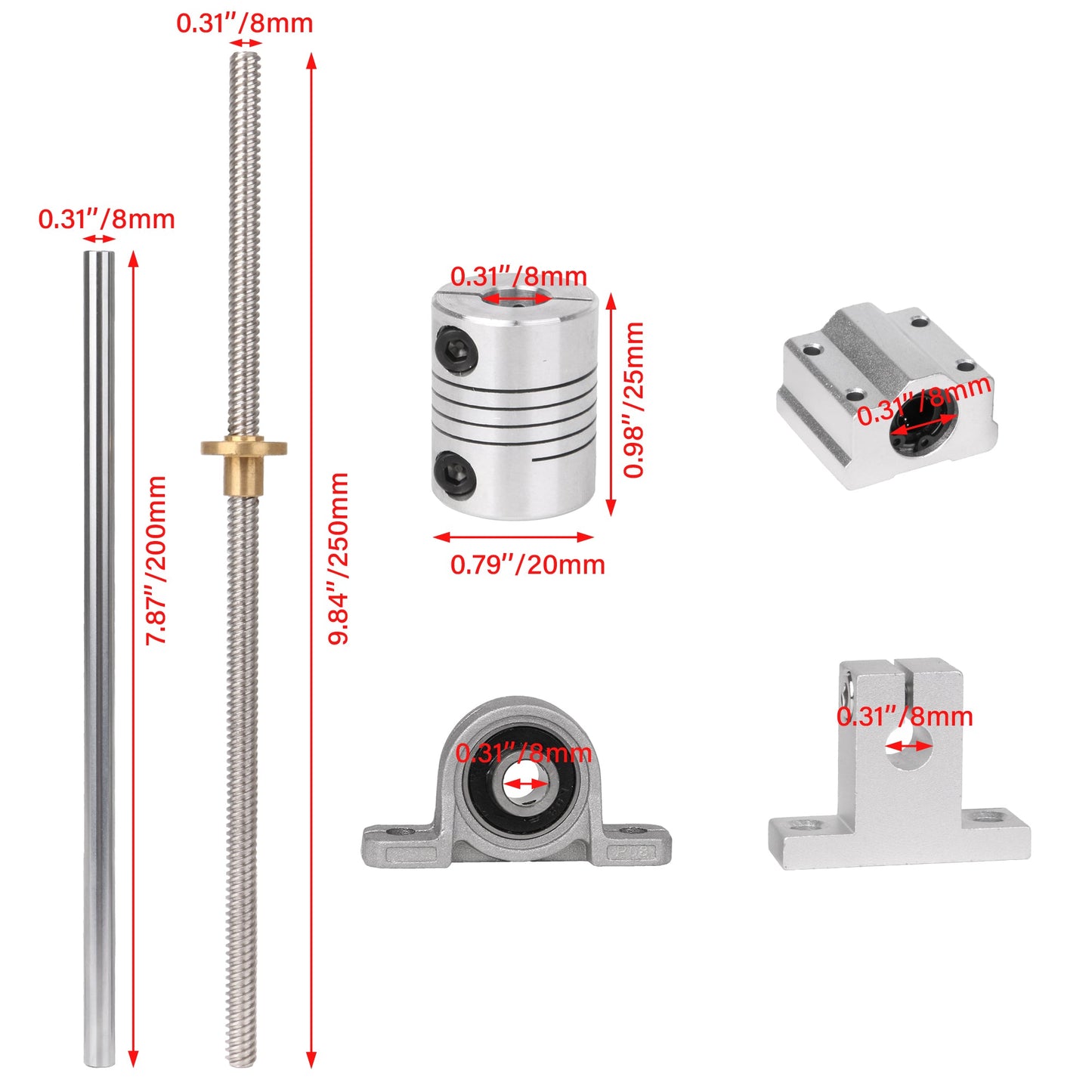 BQLZR Horizontal Dual Rails Lead Screw Kit Optical Axis Lead Screw for 3D Printer