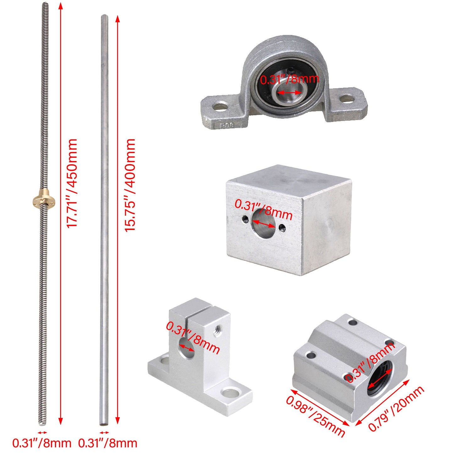 BQLZR T8 Horizontal Dual Rail Linear 400mm Optical Axis & 450mm 8mm Screws Coupler Set