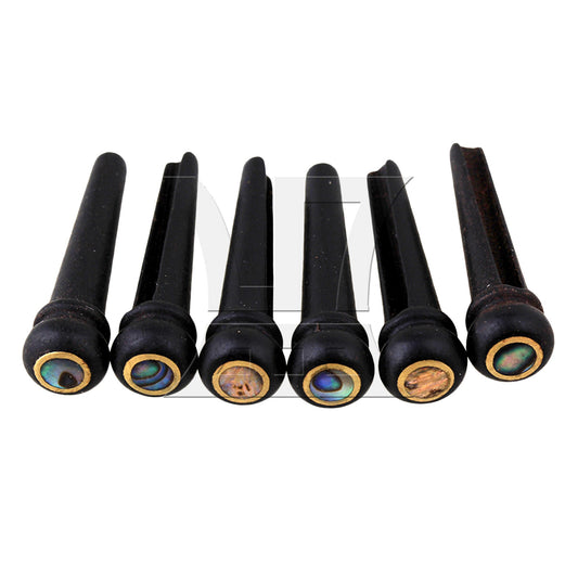 6 Acoustic Guitar Ebony Bridge Pins With Abalone Dot and Brass Circle skirt