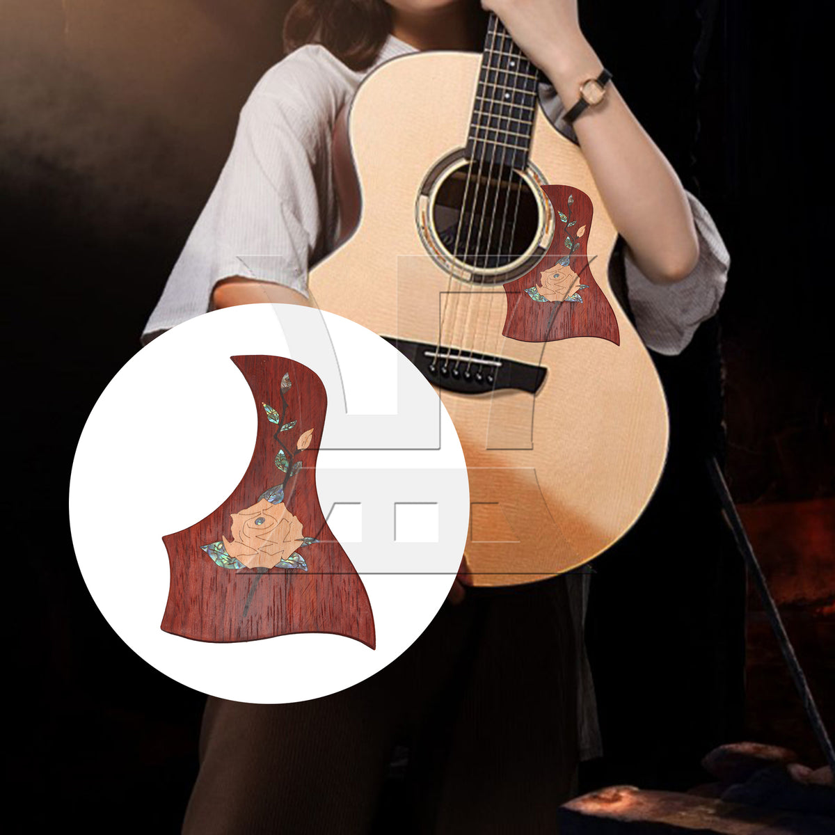 BQLZR Mahogany Peony Pattern Double-Sided Adhesive Wood Guitar Pickguard