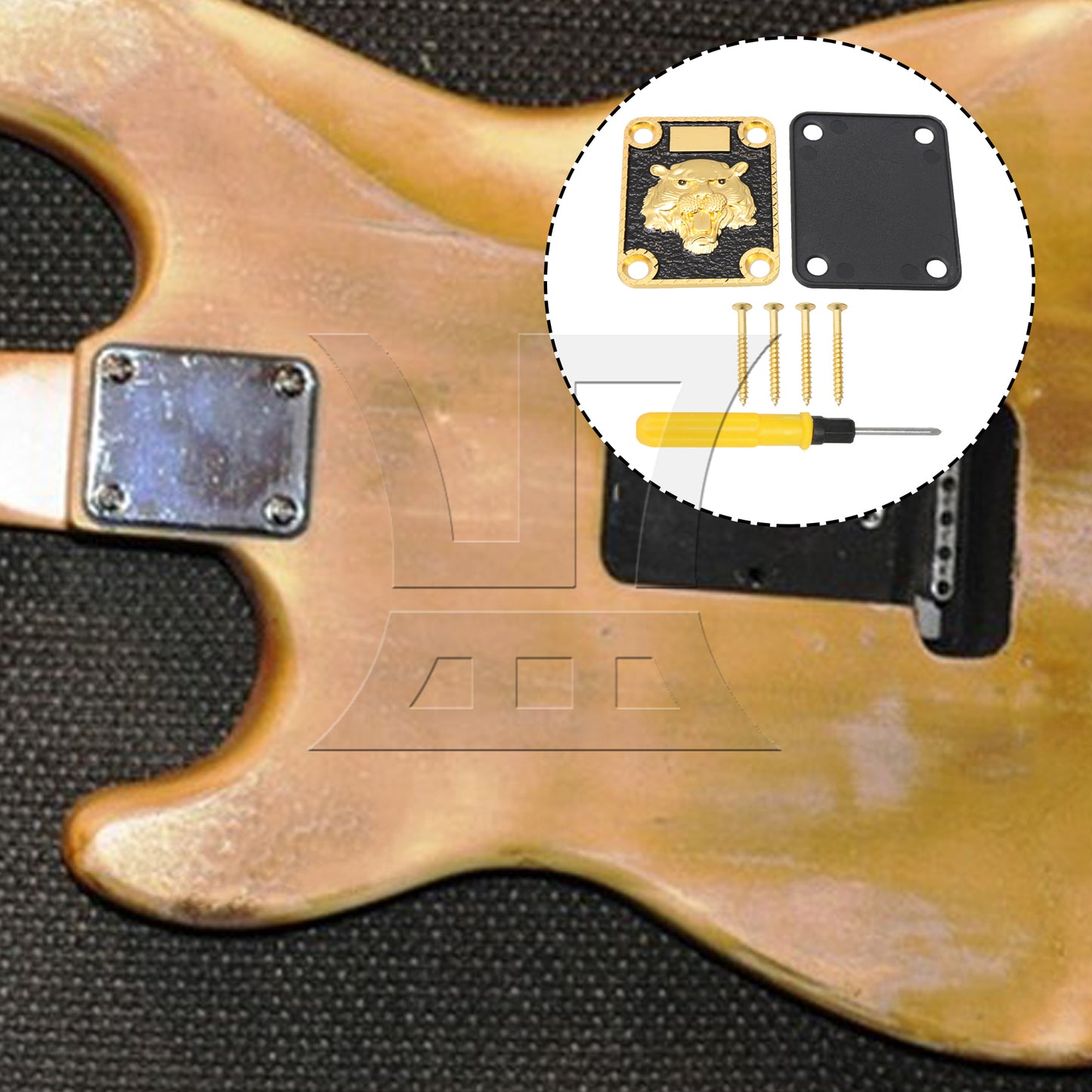 BQLZR Guitar Neck Plate Gold & Black Animal Head Pattern and Screws Zinc Alloy