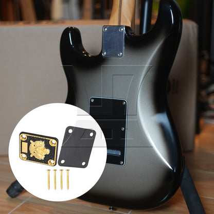 BQLZR Guitar Neck Plate Gold & Black Animal Head Pattern and Screws Zinc Alloy