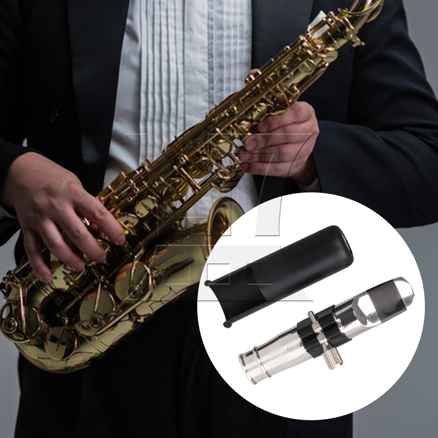 BQLZR Tenor Sax Mouthpiece Leather Ligature Fastener with PU Cap Silver