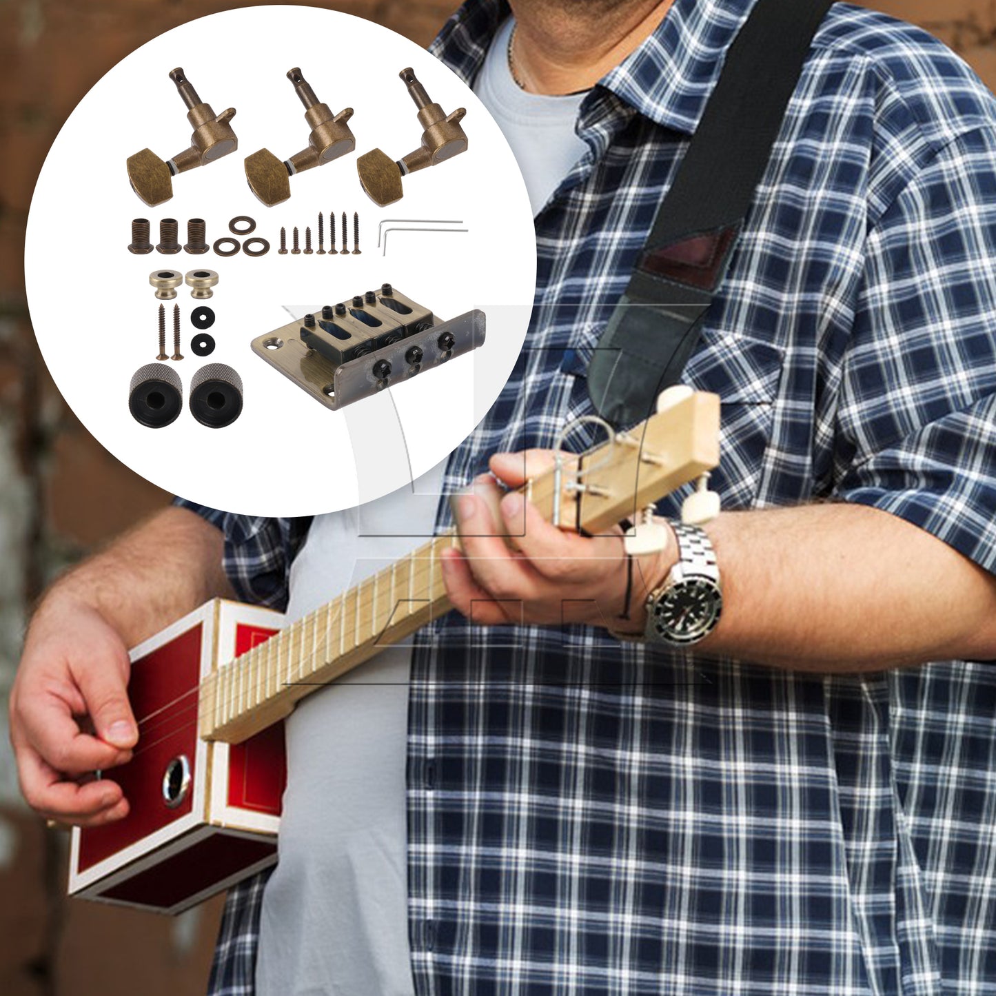 BQLZR Retro Color 3 String Guitar Saddle Bridge Replacement Set with Tuning Pegs Knobs