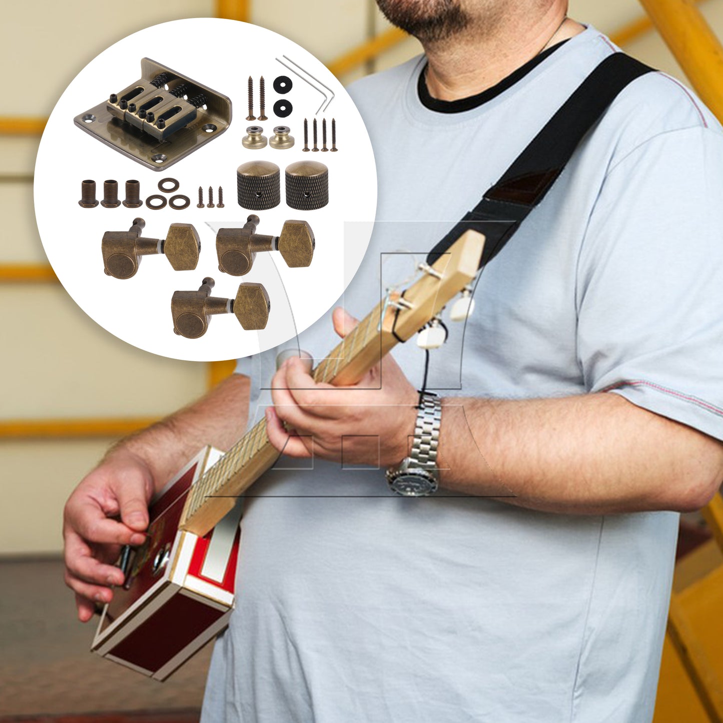 BQLZR Retro Color 3 String Guitar Saddle Bridge Replacement Set with Tuning Pegs Knobs