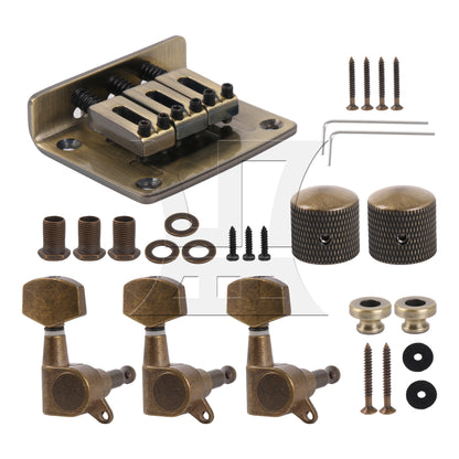 BQLZR Retro Color 3 String Guitar Saddle Bridge Replacement Set with Tuning Pegs Knobs
