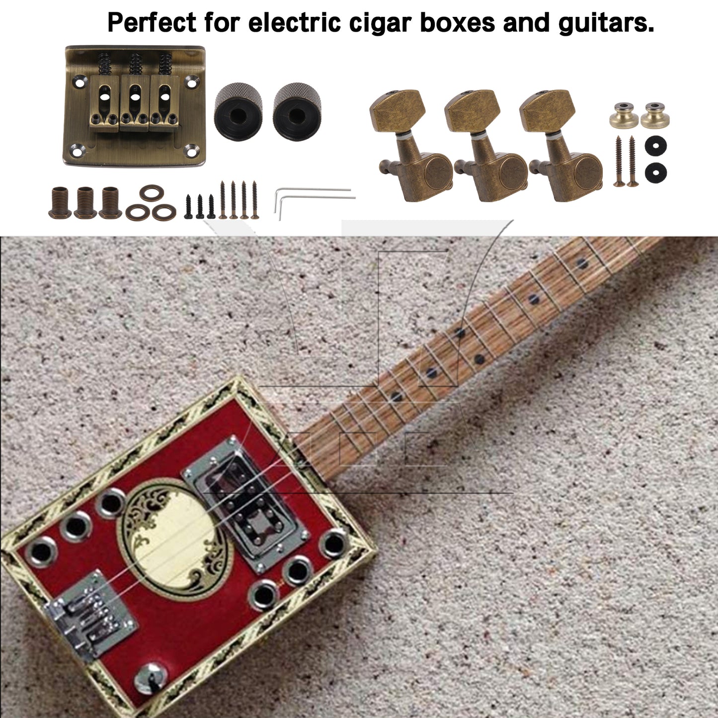 BQLZR Retro Color 3 String Guitar Saddle Bridge Replacement Set with Tuning Pegs Knobs