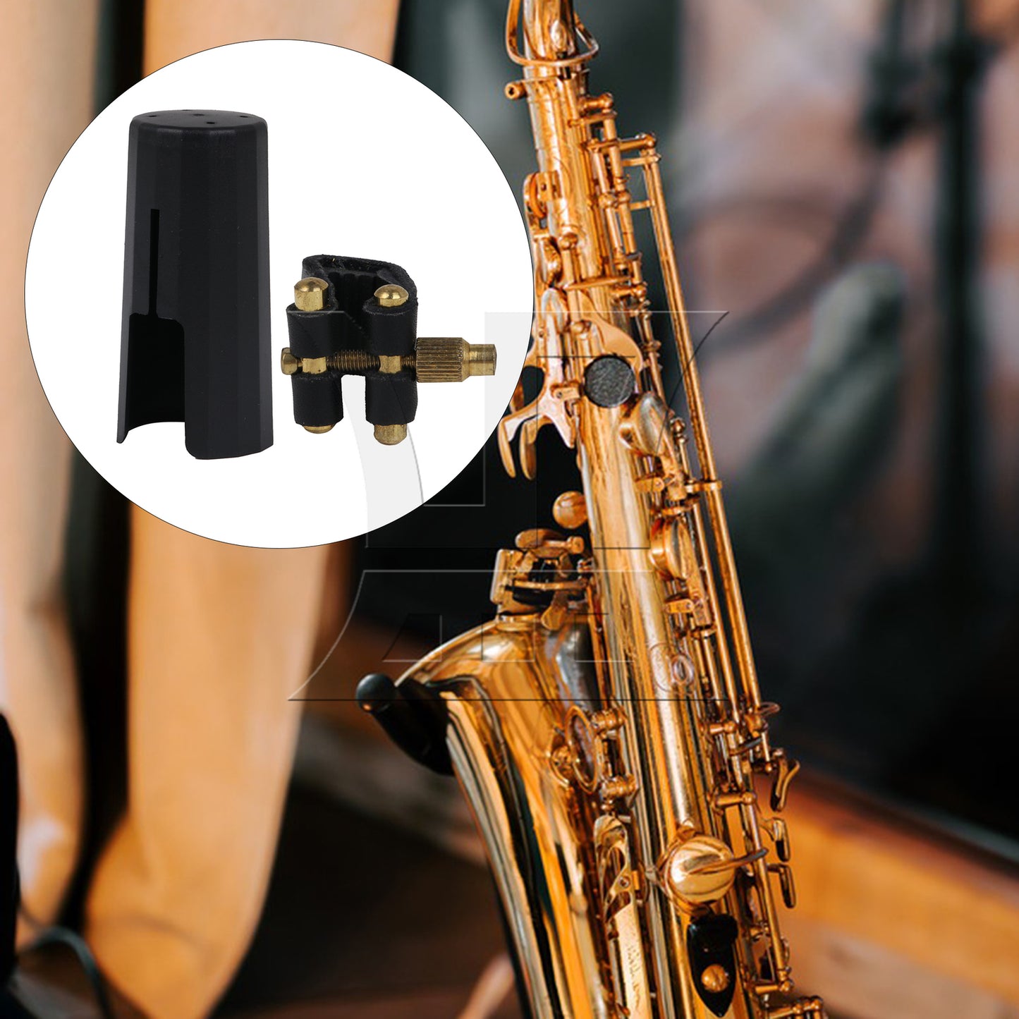 BQLZR Sax Golden Black Leather Ligature with Mouthpiece Cap for Soprano Saxophone