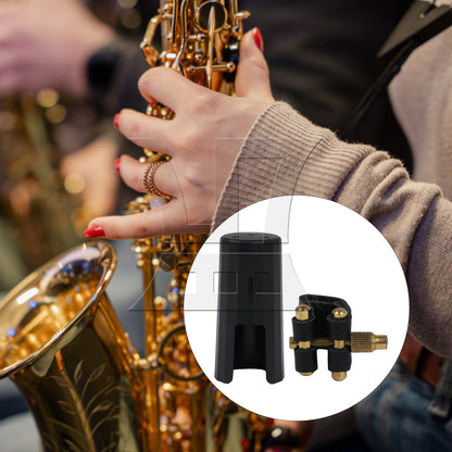BQLZR Sax Golden Black Leather Ligature with Mouthpiece Cap for Soprano Saxophone