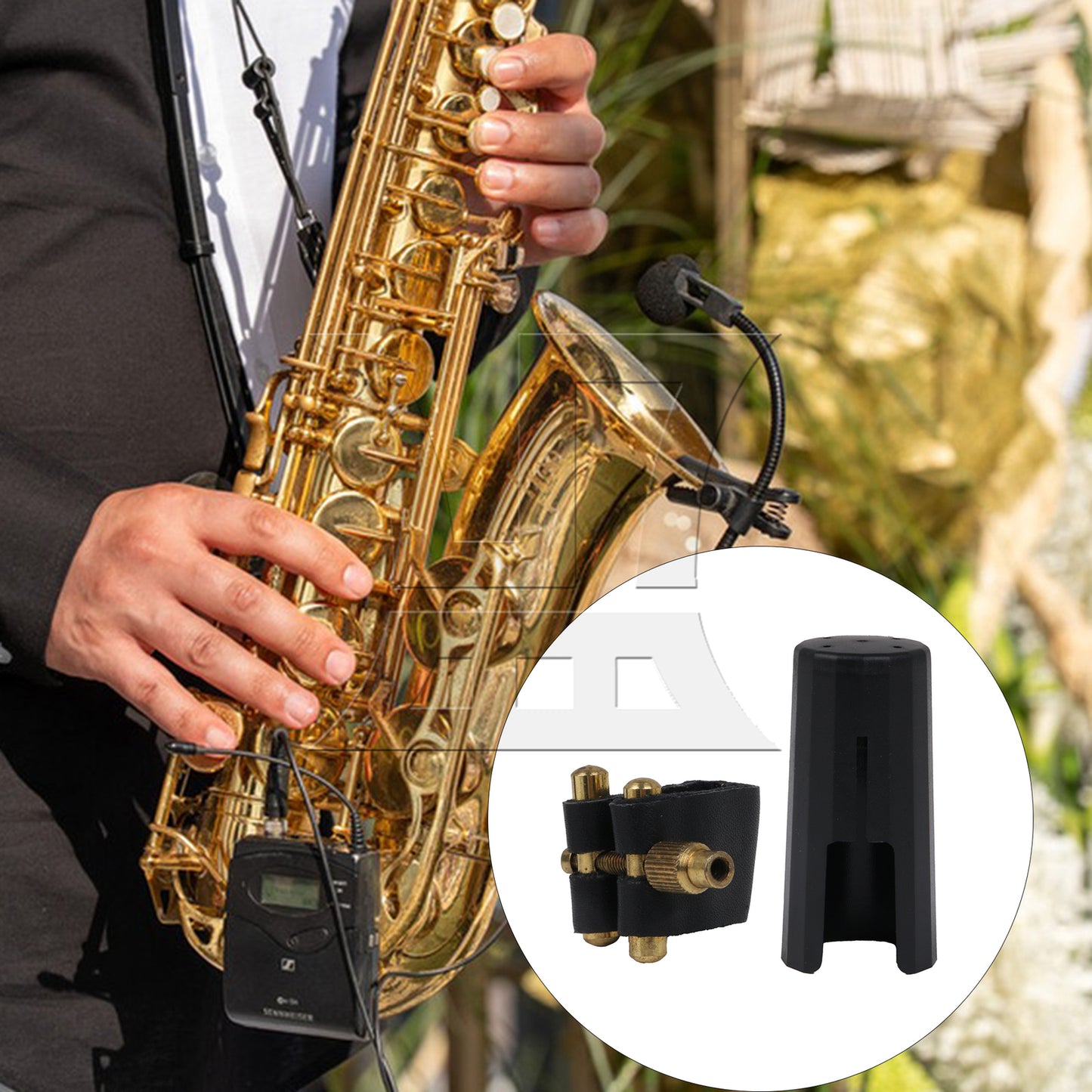 BQLZR Sax Golden Black Leather Ligature with Mouthpiece Cap for Soprano Saxophone