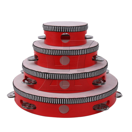 4 Pieces Wooden Handheld Jingle Bells Drum 4" 6" 8" 10" Kit for Percussion Red