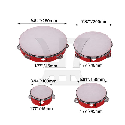 4 Pieces Wooden Handheld Jingle Bells Drum 4" 6" 8" 10" Kit for Percussion Red