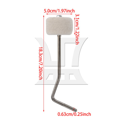 White Round Felt Head Pedal Beater Patch for Bass Drum Practice 0.25" Bent Rod