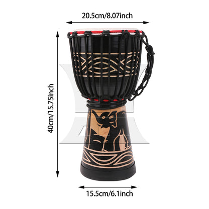 African Djembe Drum Standard 8" Diameter Hand-Carved Black Elephant Pattern