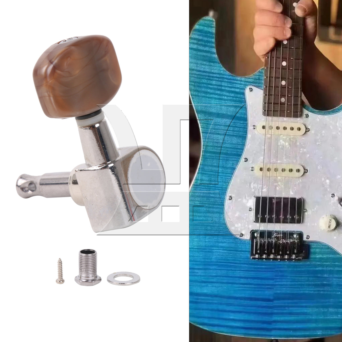 BQLZR 1pc Guitar Fully Enclosed Large Square Brown Handle Accurate String Right Hand Silver Suitable for Electric Guitars