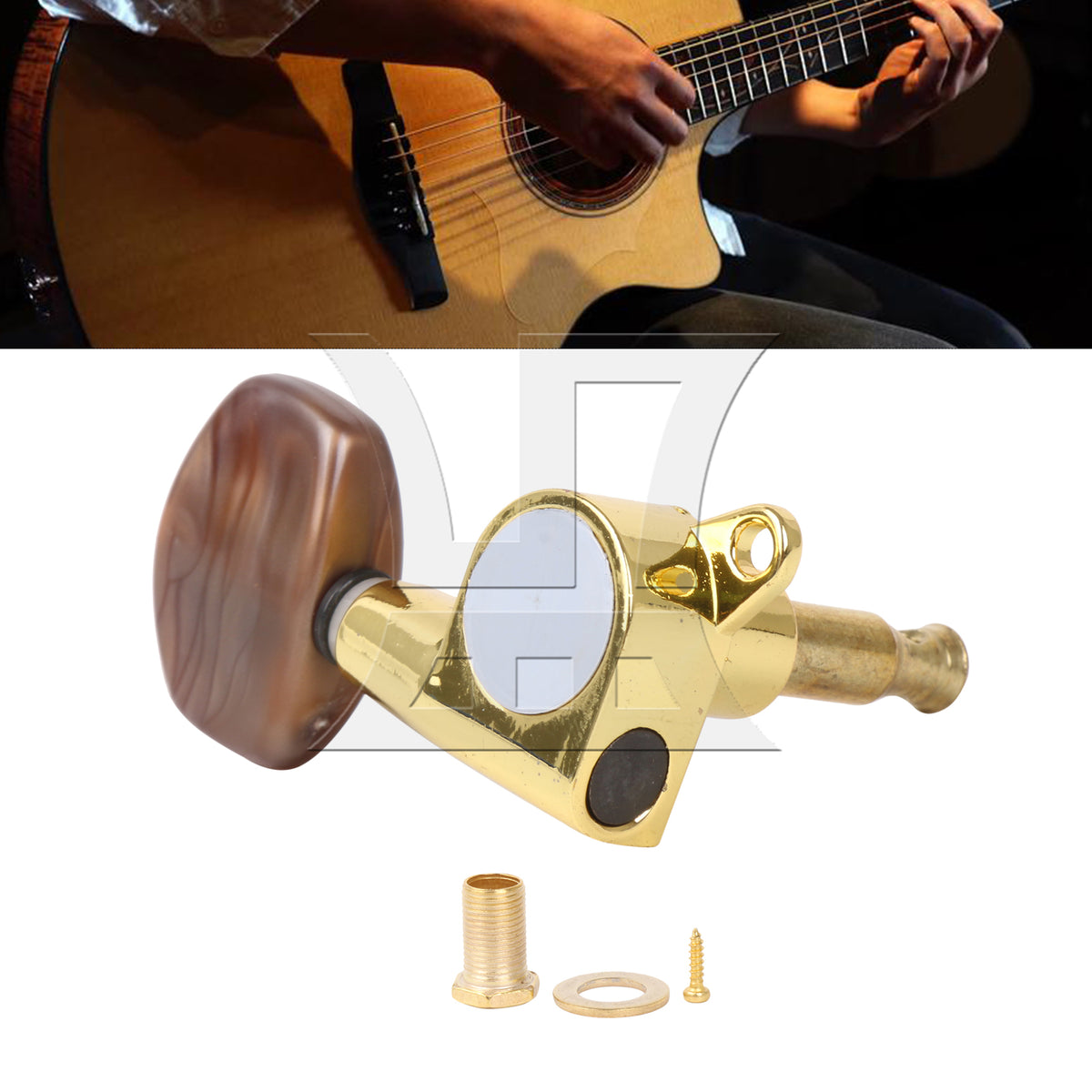 BQLZR 1pc Guitar Fully Enclosed Large Square Brown Handle Accurate String Right Hand Golden Suitable for Electric Guitars