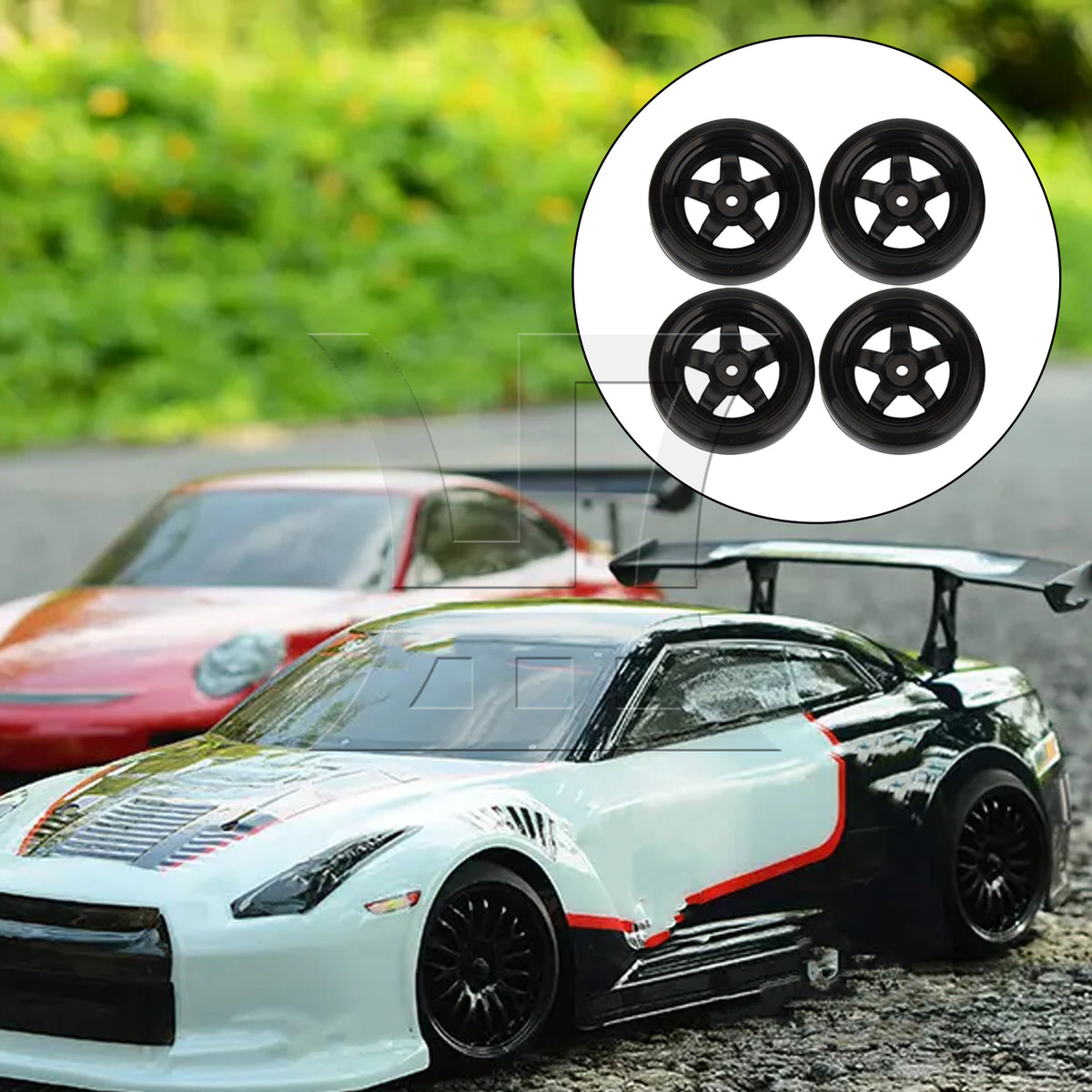 BQLZR 4pcs Black 5 Spoke Wheel Rims & Smooth Tires for RC 1:10 Drift Car Plastic