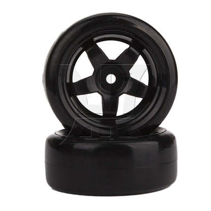BQLZR 4pcs Black 5 Spoke Wheel Rims & Smooth Tires for RC 1:10 Drift Car Plastic