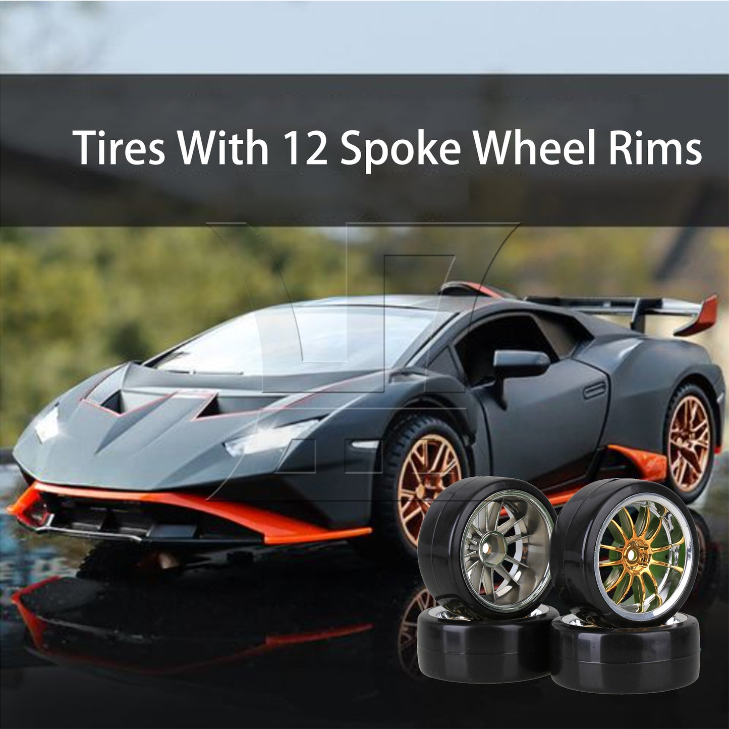BQLZR 4PCS RC1:10 Drift Car Black Plastic Slick Tires With 12-Spoke Wheel Rims