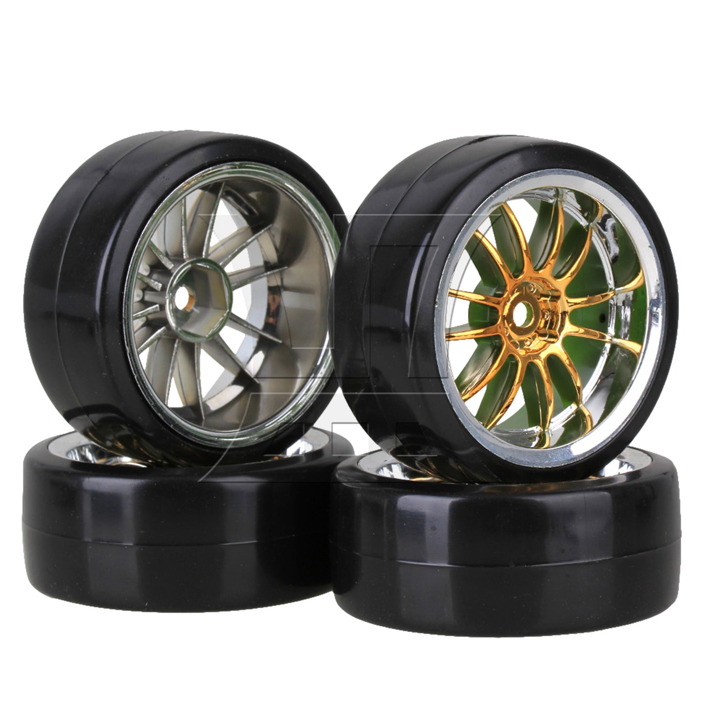 BQLZR 4PCS RC1:10 Drift Car Black Plastic Slick Tires With 12-Spoke Wheel Rims