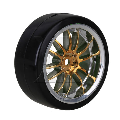 BQLZR 4PCS RC1:10 Drift Car Black Plastic Slick Tires With 12-Spoke Wheel Rims