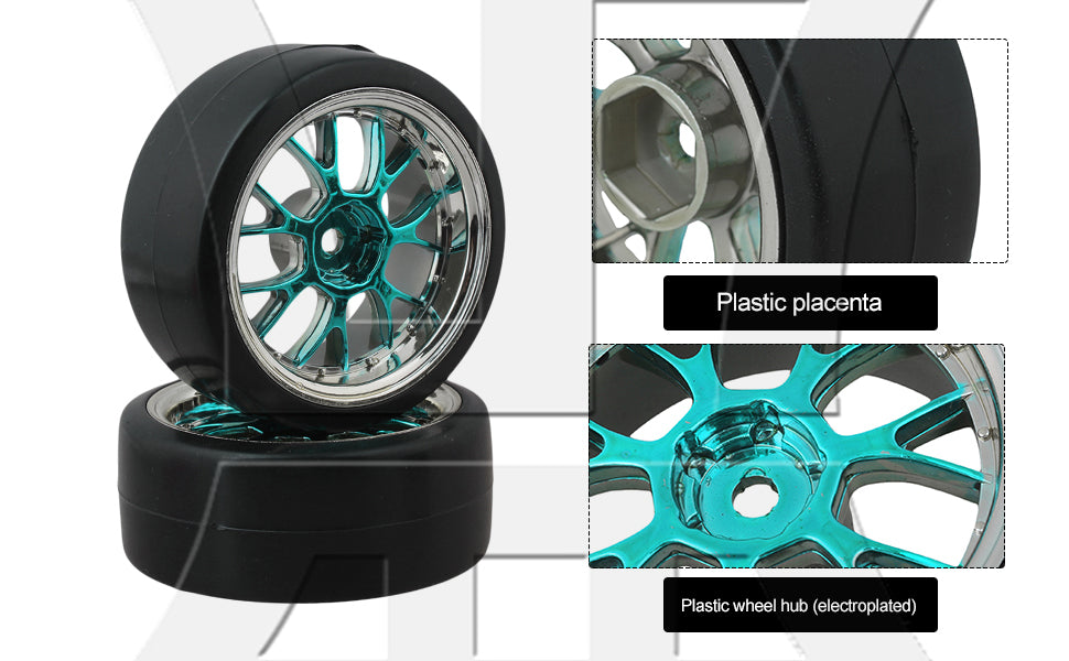 BQLZR Drift Tires & Y Shape Blue Hub Wheel Rims for RC 1:10 Drift Car Black Plastic