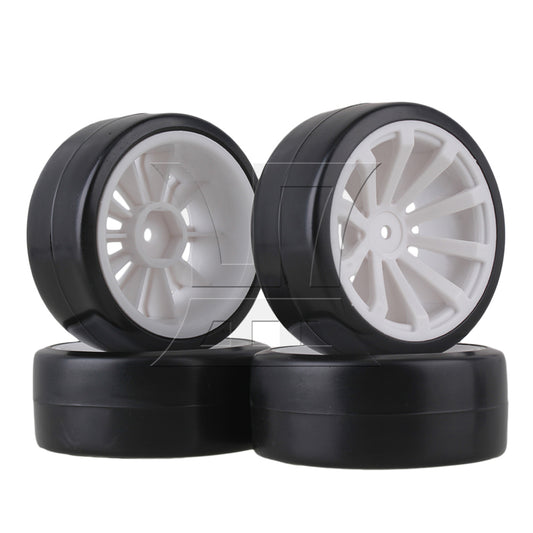 BQLZR 4pcs RC1:10 On Road Car 10 Spoke White Wheel Rims + Black Drift Tyres BQLZR