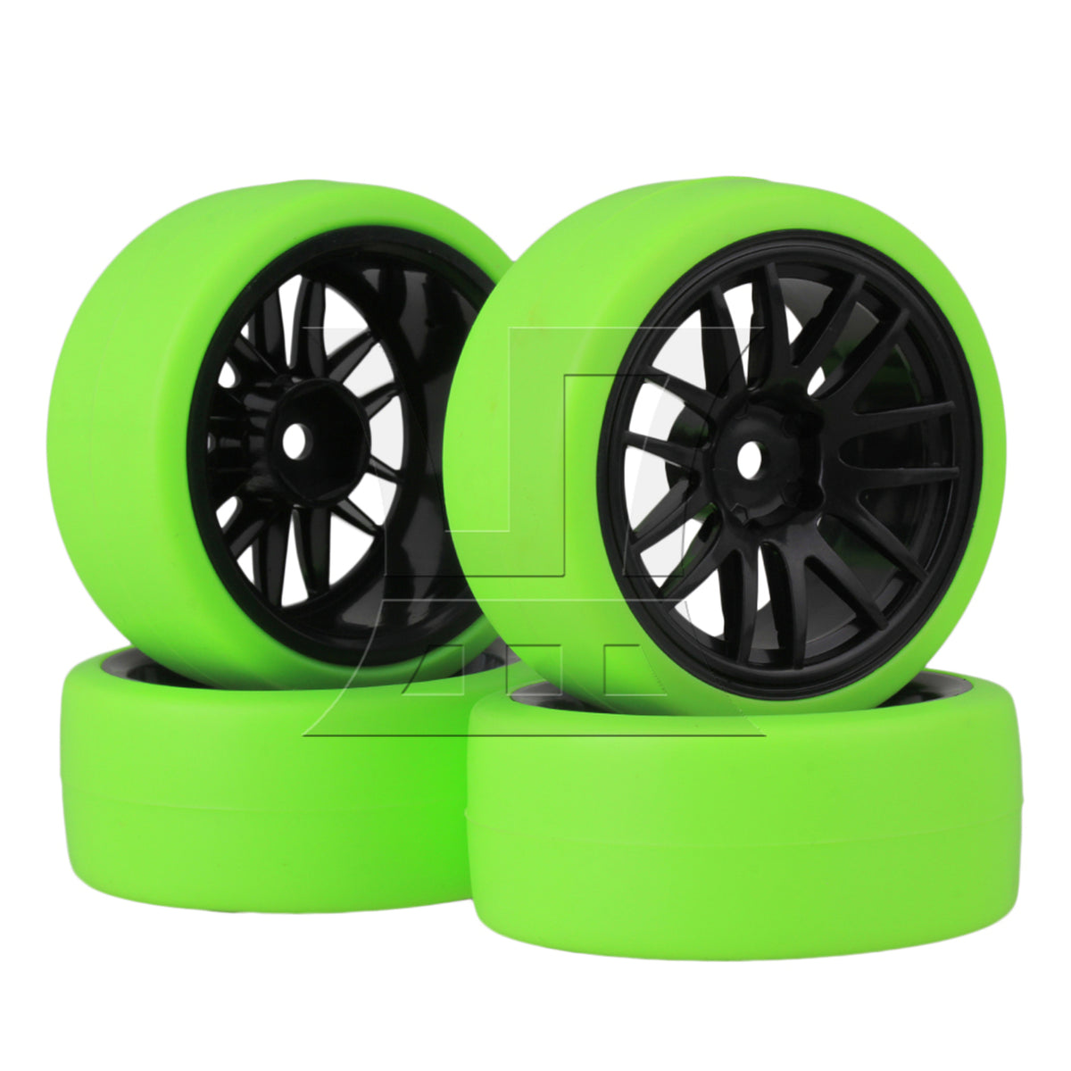 BQLZR 4pcs BQLZR RC1:10 On Road Car Black 14 Spoke Wheel Rims + Green Drift Tyres