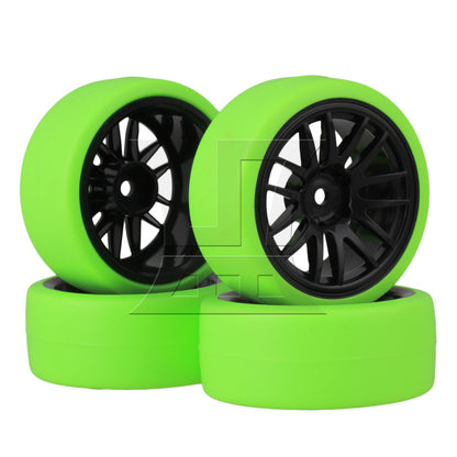 BQLZR 4pcs BQLZR RC1:10 On Road Car Black 14 Spoke Wheel Rims + Green Drift Tyres