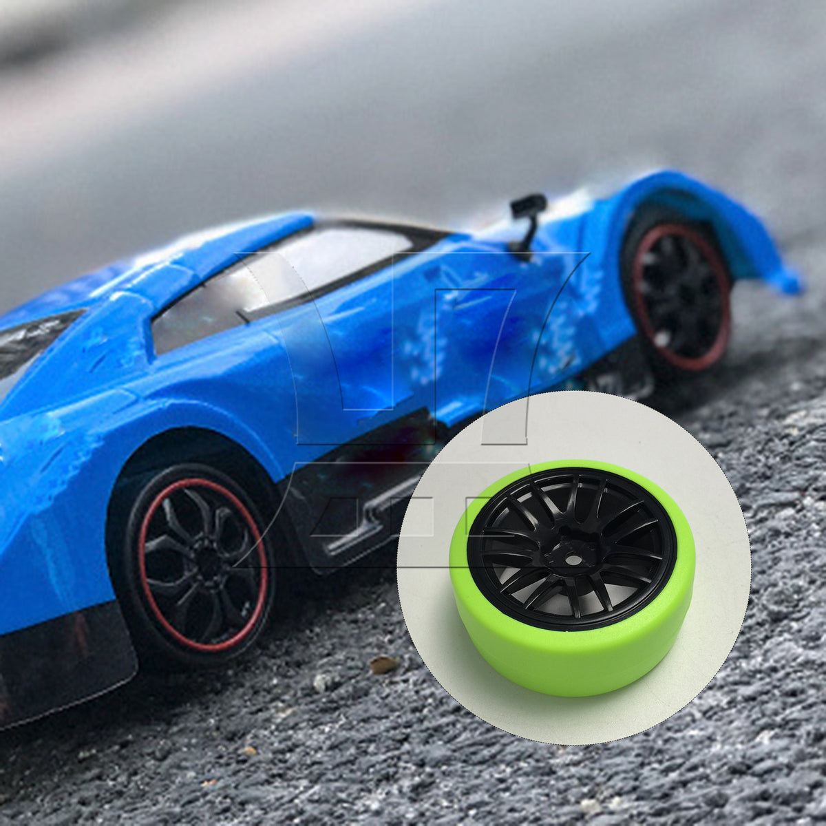 BQLZR 4pcs BQLZR RC1:10 On Road Car Black 14 Spoke Wheel Rims + Green Drift Tyres