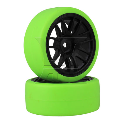 BQLZR 4pcs BQLZR RC1:10 On Road Car Black 14 Spoke Wheel Rims + Green Drift Tyres