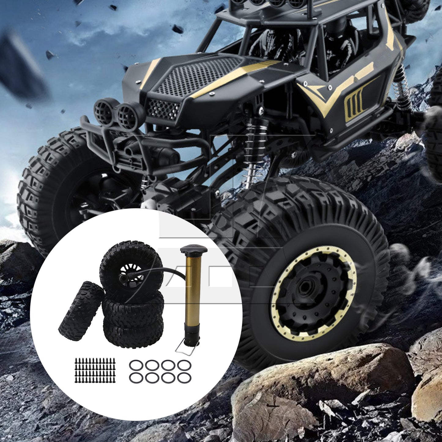 BQLZR 4x S Pattern 2.2" 1:10 RC Inflatable Tires& Alloy Black Beadlock Wheels